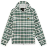 Green and white plaid hooded jacket by Lyle & Scott with front zipper and embroidered yellow logo on chest.