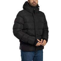 Black hooded microfibre sport puffer jacket by Superdry, quilted design with front zipper and side pockets.