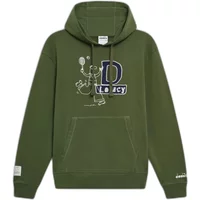 Green Diadora Legacy hooded sweatshirt with front pocket, large "D Legacy" logo, and cartoon graphic on the chest.