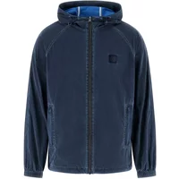 Navy blue Guess hooded sweatshirt with front zipper, side pockets, and subtle logo on chest.