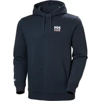 Navy blue Helly Hansen Shoreline hooded sweatshirt with front pocket and white logo on chest.