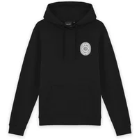 Black hooded sweatshirt by Lyle & Scott with front pocket and circular graphic on chest.