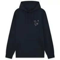 Navy hooded sweatshirt with Lyle & Scott chrome eagle graphic on chest, drawstring hood, and long sleeves.