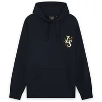 Black hooded sweatshirt with Lyle & Scott dandelion script graphic on chest, featuring a front pocket and drawstrings.
