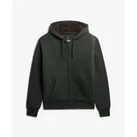 Black Superdry hooded sweatshirt with Borg lining, front zipper, and drawstring hood.