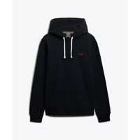 Black Superdry hooded sweatshirt with white drawstrings and red logo on chest.