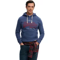 Blue Superdry Vl Classic hooded sweatshirt with white drawstrings and red logo on chest.