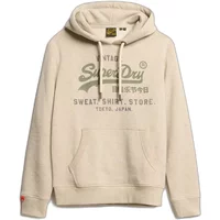 Beige Superdry Vl Heritage hooded sweatshirt with front pocket and vintage-style logo print on chest.