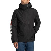 Black Hooded Yachter Windbreaker Jacket with zip front, high collar, and "Superdry" text on the sleeve.