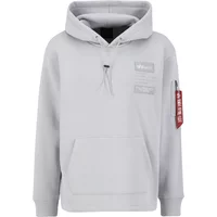 Gray Alpha Industries hoodie with front pocket, sleeve patch, and red tag on left sleeve.