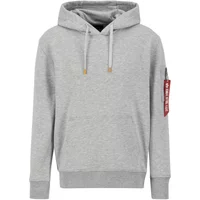 Gray Alpha Industries hoodie with drawstring hood, front pocket, and red tag on sleeve.