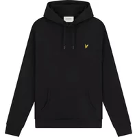 Black Lyle & Scott hoodie with yellow eagle logo on chest, drawstring hood, and front pouch pocket.
