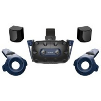 HTC Vive Pro 2 VR headset in black and blue with two controllers and two base stations.