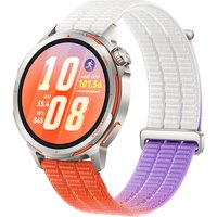 Huawei WATCH GT Runner 2 with 1.32" AMOLED display, silver case, orange and purple gradient strap, digital interface.
