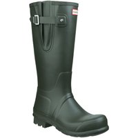 Dark olive men's wellies with side buckle, knee-high length, and textured sole by Hunter.