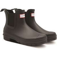 Black Hunter Original Chelsea boots, ankle-high with elastic side panels and pull tabs, UK size 8.