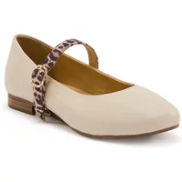 Cream bridal flat with leopard print interchangeable strap and low wooden heel.