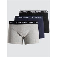 Black and blue Jack & Jones trunks, 3-pack, with branded waistband, includes gray, navy, and black pairs, size S.