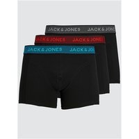 Three-pack of Jack & Jones trunks in black with red, blue, and grey logo waistbands, size S.