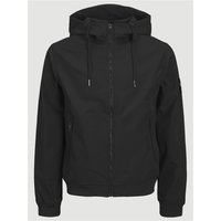 Black Jack & Jones softshell hooded jacket, size L, with front zipper, adjustable drawstrings, and side pockets.