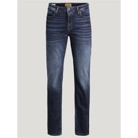 Blue denim Jack & Jones regular fit jeans with slight fade, classic five-pocket design, and button closure.