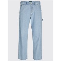 Blue denim Jack & Jones Eddie Carpenter loose jeans with straight leg, side pockets, and hammer loop, size 28S.