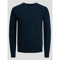 Navy Jack & Jones Emil crew neck knit sweater with long sleeves and ribbed cuffs, hem, and neckline.