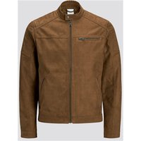 Brown Jack & Jones faux suede jacket with zipper closure, stand collar, and chest pocket, size S.