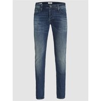 Blue denim Jack & Jones slim jeans, faded wash, five-pocket style, button fly, size 32R.