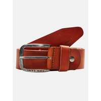 Tan Jack & Jones leather belt with silver buckle and embossed logo, medium size.