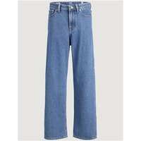 Blue denim Jack & Jones Junior baggy jeans with five pockets and belt loops, designed for 8-year-olds.