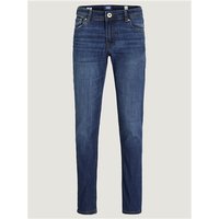 Blue denim Jack & Jones Junior Glenn Original jeans, slim fit, five-pocket style, contrast stitching, button closure.