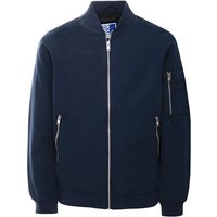 Navy Jack & Jones Junior Rush bomber jacket with front zipper, side pockets, and sleeve pocket, size 10Y.