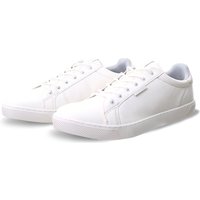 White faux leather sneakers with lace-up design, low-top silhouette, and subtle stitching details.