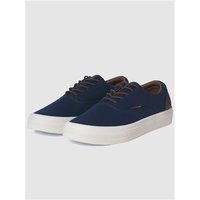 Navy canvas sneakers with white rubber soles, brown accents, and lace-up design, size 42.