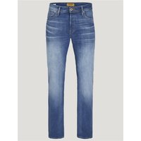 Blue Jack & Jones comfort fit jeans with faded thighs, classic five-pocket design, and button fly.