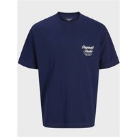 Navy blue Jack & Jones Norrebro Typo Tee with white chest logo, short sleeves, and crew neck.