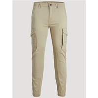 Beige Jack & Jones cargo trousers with side pockets, button closure, and tapered fit.