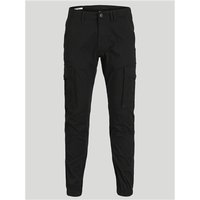 Black Jack & Jones cargo pants with multiple pockets, button closure, and tapered legs, size 34L.