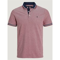 Red Jack & Jones polo shirt, navy collar, white trim, button placket, short sleeves, size 2XL.