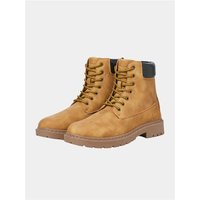 Honey-colored Jack & Jones Wainsworth lace-up boots, rugged sole, black padded collar, size 9.