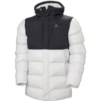 Helly Hansen puffy long jacket, white with black shoulders, hooded, quilted design, front zipper closure.