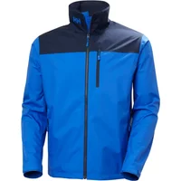 Blue Helly Hansen Crew 2.0 jacket with black shoulders, high collar, and chest zipper pocket.