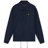 Navy blue Lyle & Scott Coach jacket with button front, pointed collar, and yellow eagle logo on chest.
