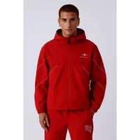 Red Project X Paris jacket with hood, front zipper, and white logo on chest, featuring sleek seam lines.