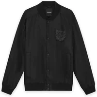 Black Lyle & Scott Varsity jacket with ribbed collar, button front, and embroidered badge on chest pocket.