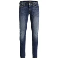 Jack & Jones Iliam Original 005 jeans, dark blue denim with faded thighs, slim fit, and classic five-pocket design.