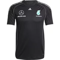 Black Adidas Mercedes MC jersey with white piping, Mercedes and Petronas logos, short sleeves, and crew neck.