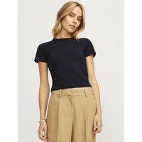 Black Jjxx Gigi Baby Tee, short sleeves, crew neck, fitted style, worn by model with beige pants.