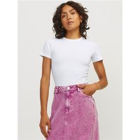 White Jjxx Gigi Baby Tee, short-sleeved, crew neck, fitted style worn by model with pink skirt.